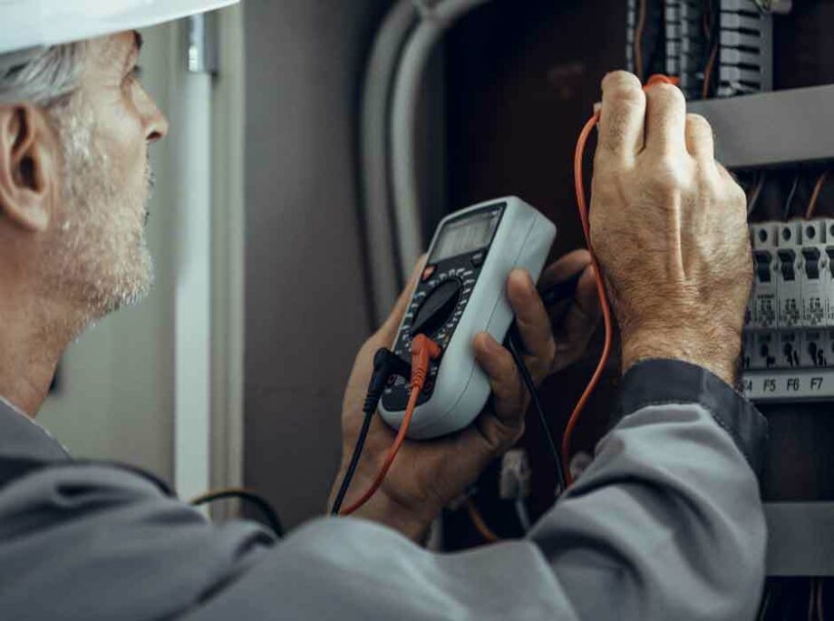 An electrician uses a multimeter to test electrical wiring inside a control panel