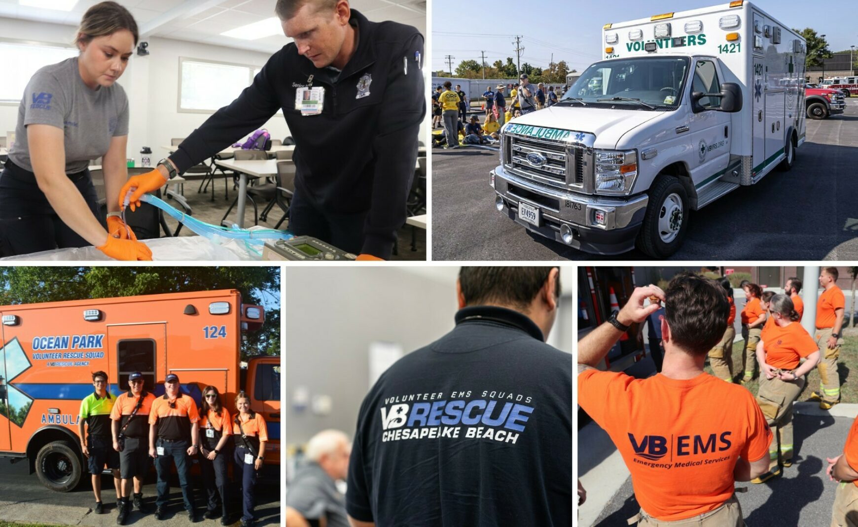 EMS staff and volunteers and ambulances collage