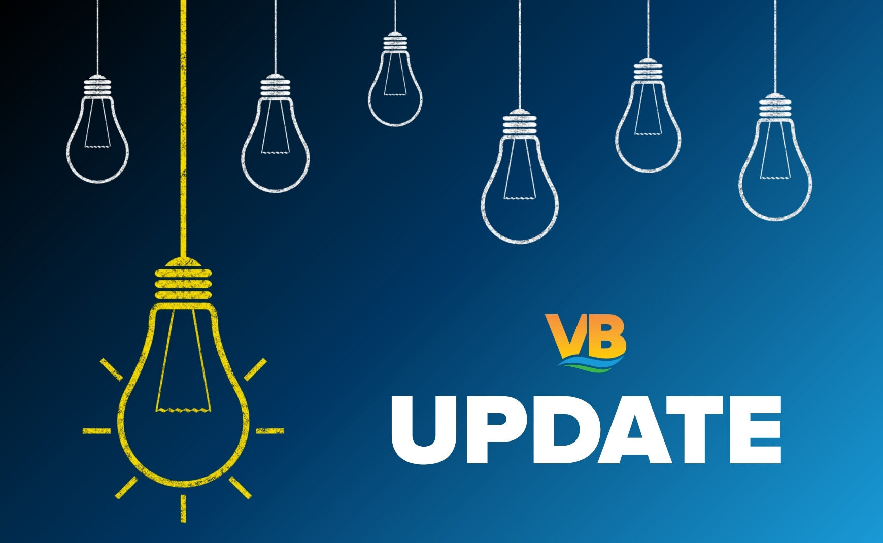 Group of hanging white light bulbs and yellow light bulb with text that says update and City of VB logo