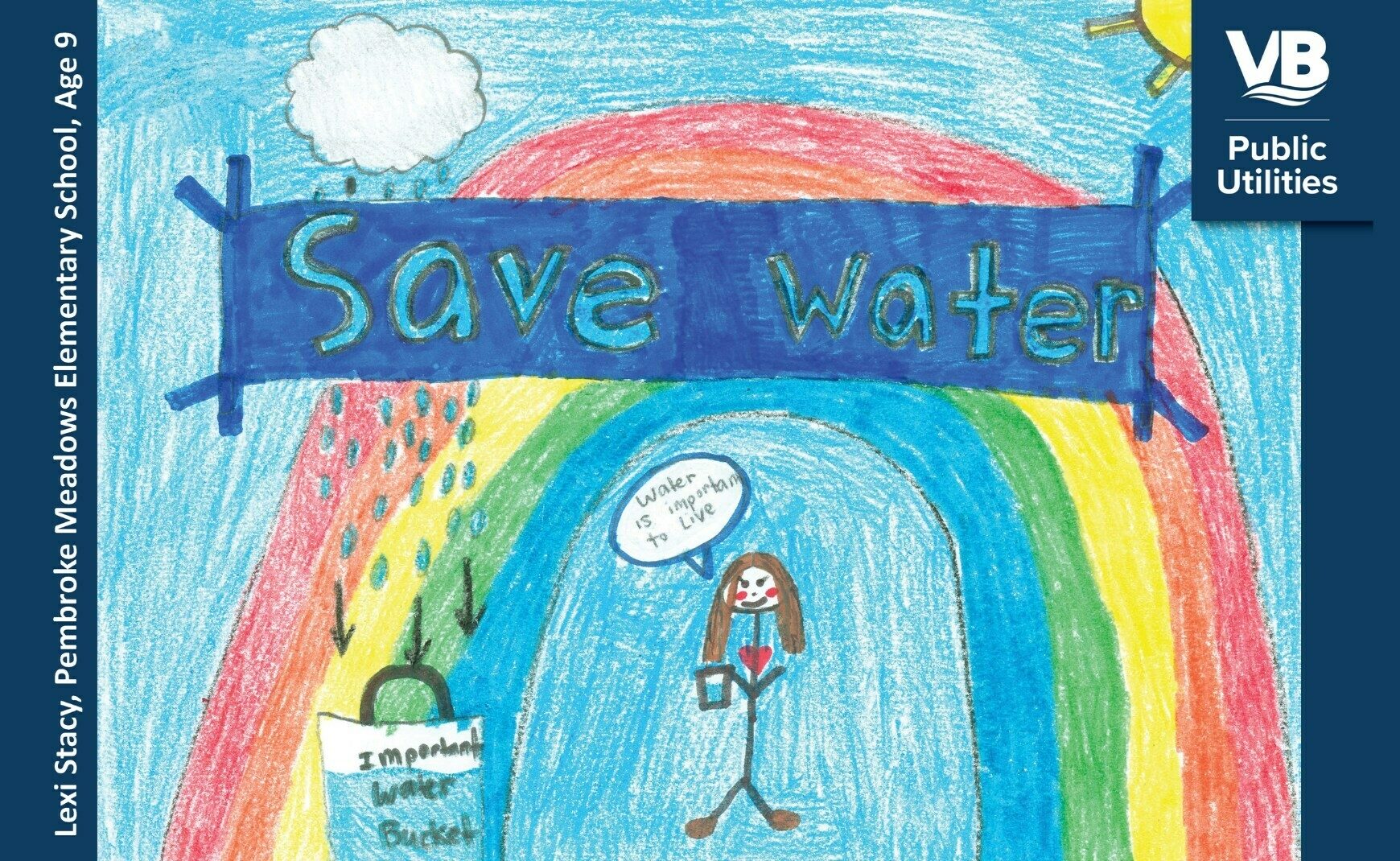 Illustrated water awareness calendar with text Save Water and a rainbow girl and rain cloud with water being collected in a bucket