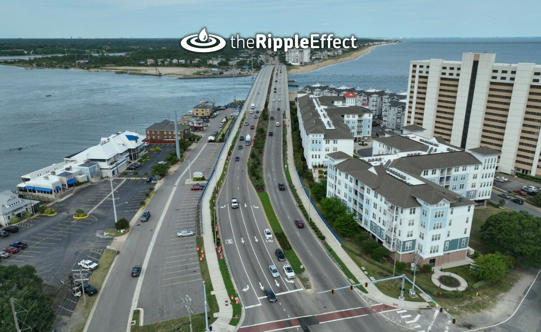 Aerial view of Shore Drive Lesner Bridge with Ripple Effect logo