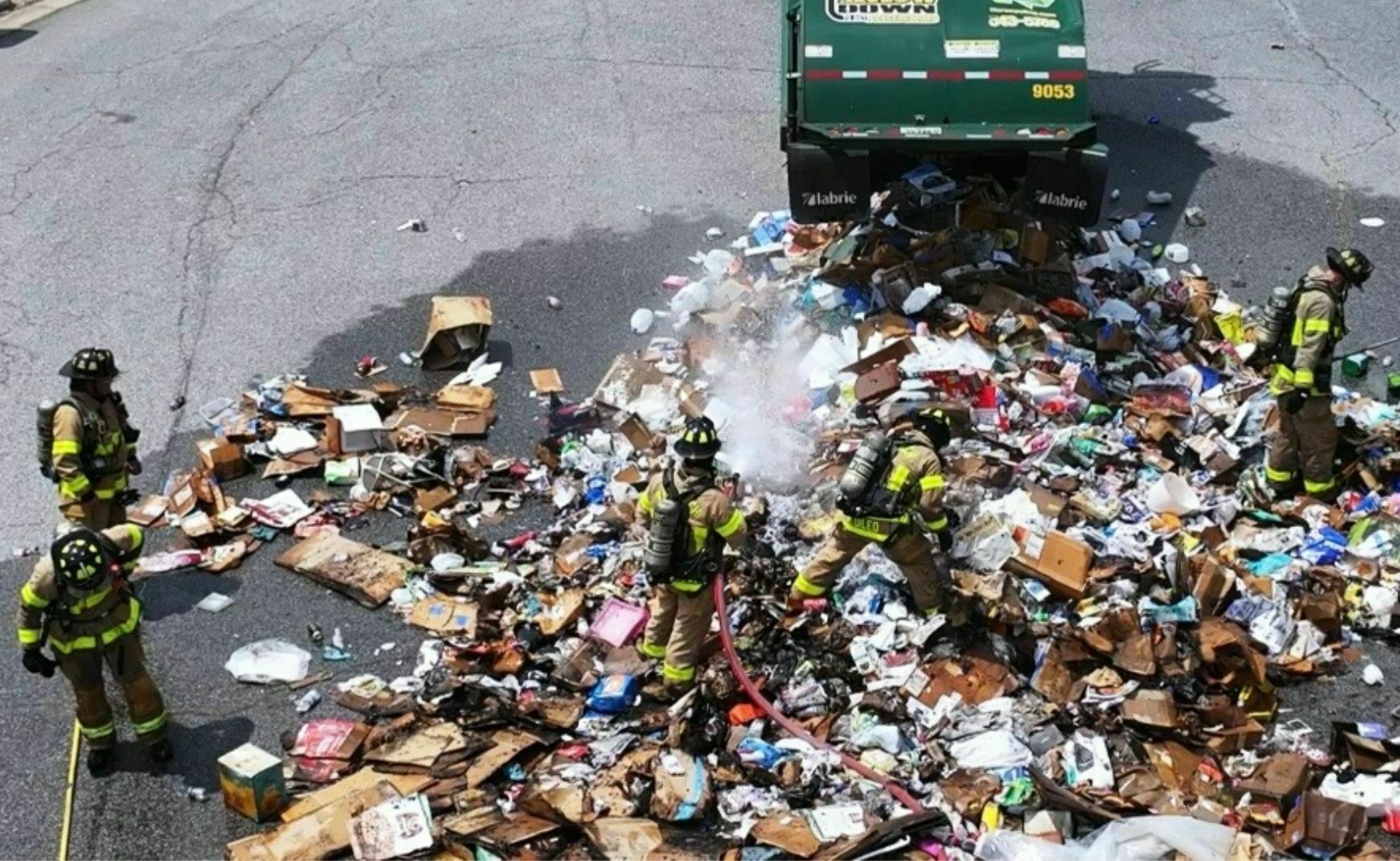 Firefighters putting out fire from waste in truck