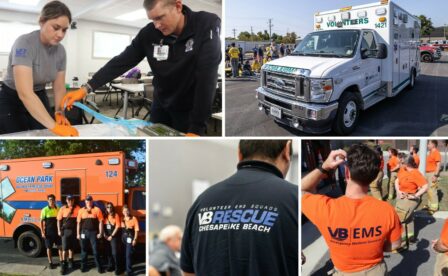 EMS staff and volunteers and ambulances collage
