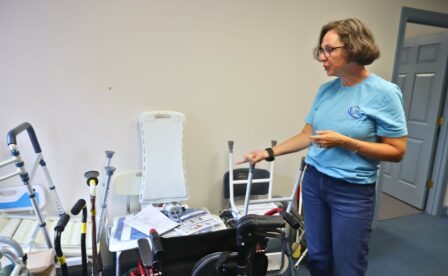 Kelly Lee showing equipment for Aging in Place program