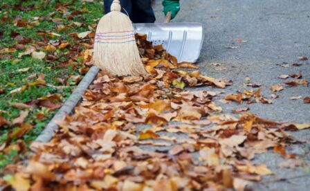 Leaves in gutter with broom and pan