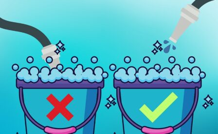 Two buckets with hoses one bucket with red x other bucket with green check mark