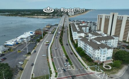 Aerial view of Shore Drive Lesner Bridge with Ripple Effect logo
