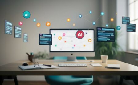 Computer screen displaying abstract graphics including floating icons labeled AI and data windows