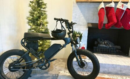 E bike in front of christmas tree and fireplace with stockings