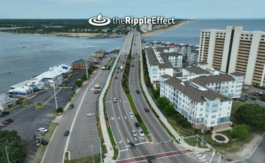 Aerial view of Shore Drive Lesner Bridge with Ripple Effect logo