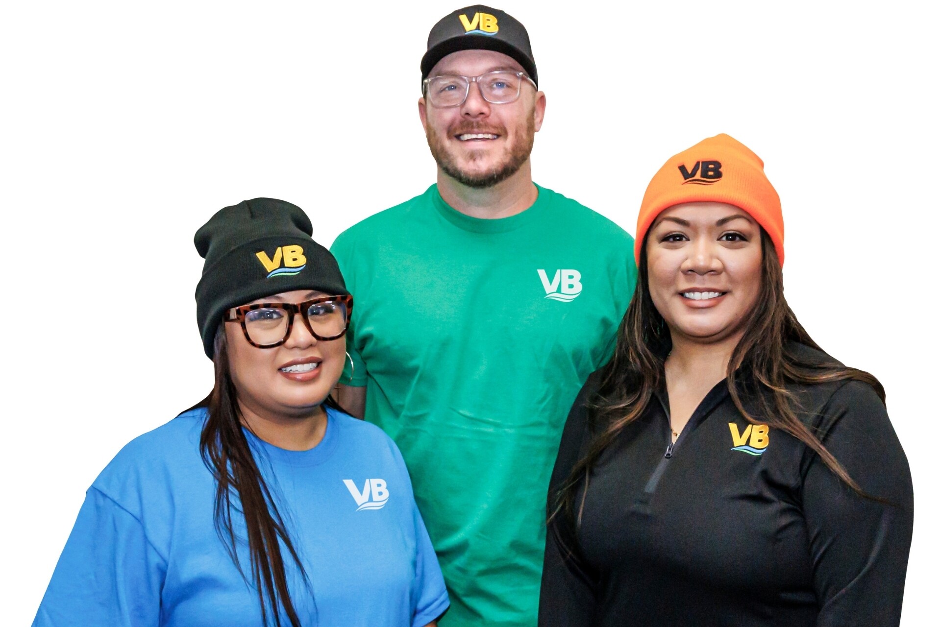 Three employees wearing branded VB shirts and hats