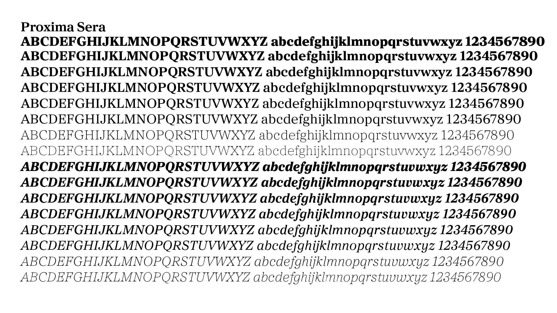 Alphabet and numbers shown in the eight font weights, including italics, of the Proxima Sera typeface.