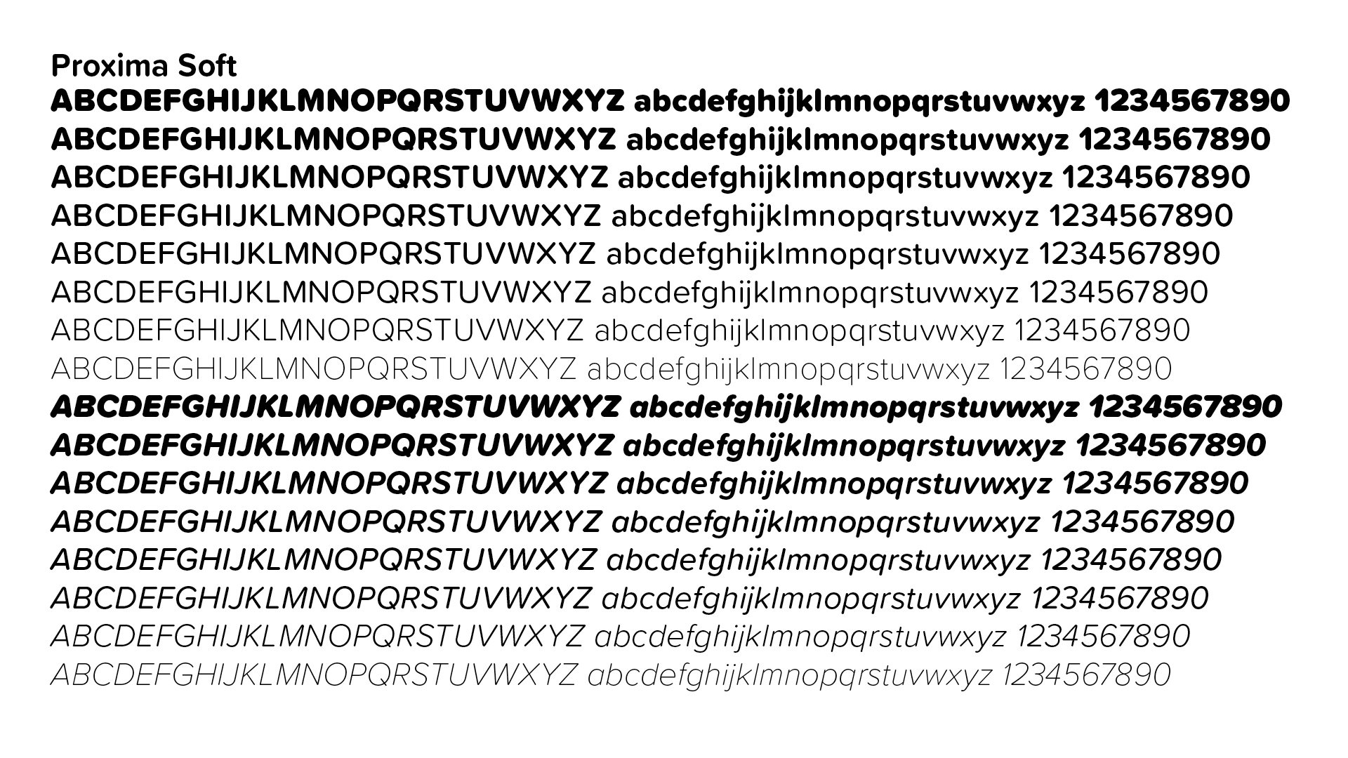 Alphabet and numbers shown in the eight font weights, including italics, of the Proxima Soft typeface.