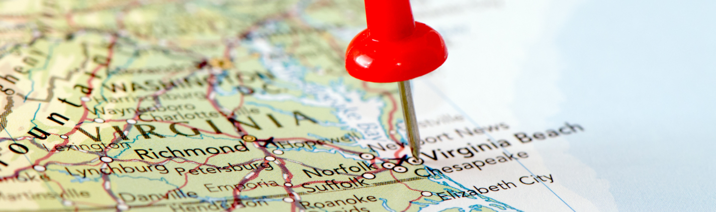 Map of Virginia with pushpin in Virginia Beach