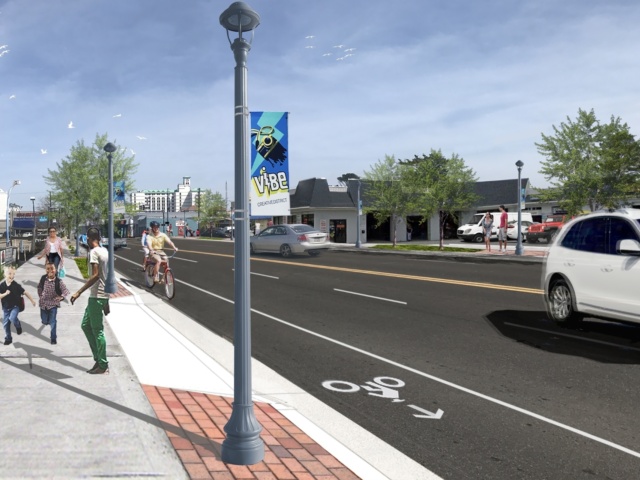 17th Street improvement rendering with sidewalks roadways and VIBE district signage