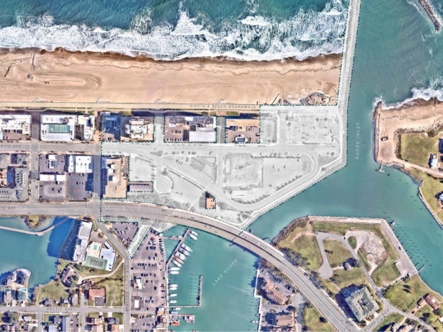 Satellite view of Rudee Loop with Atlantic Ocean to the north focusing on development area adjacent to Rudee Inlet