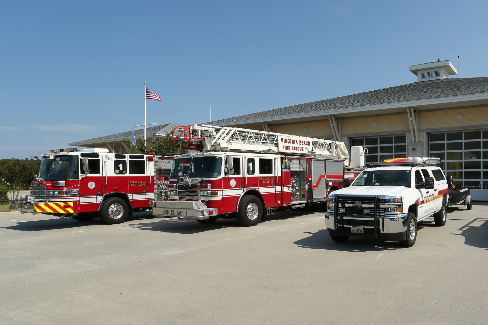 Emergency vehicles parked in front of fire station