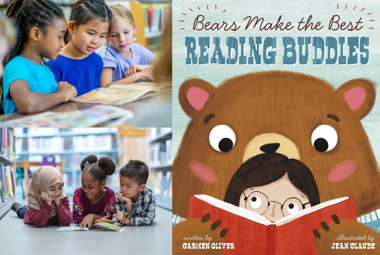 Children reading book and Cover for Bears Make the Best Reading Buddies