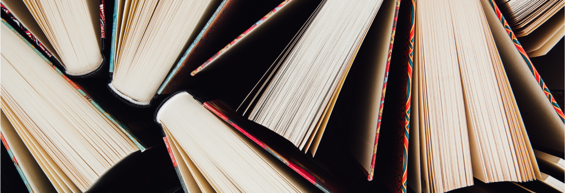 Group of open books photographed from top down