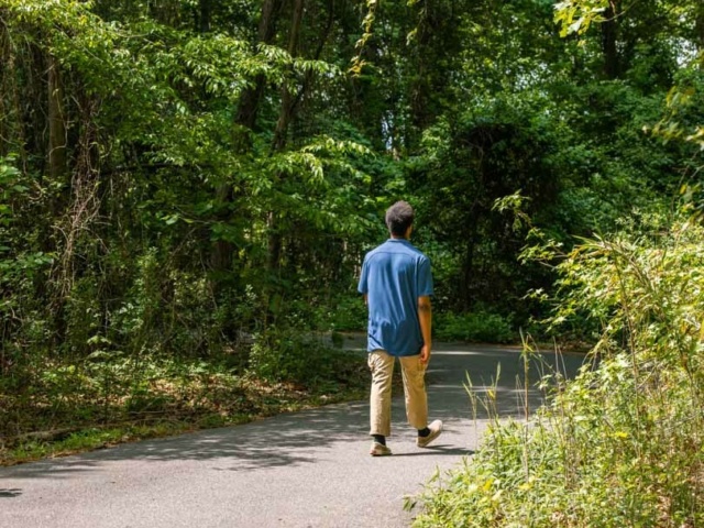 City view park person walking on a wooded trail at city view park