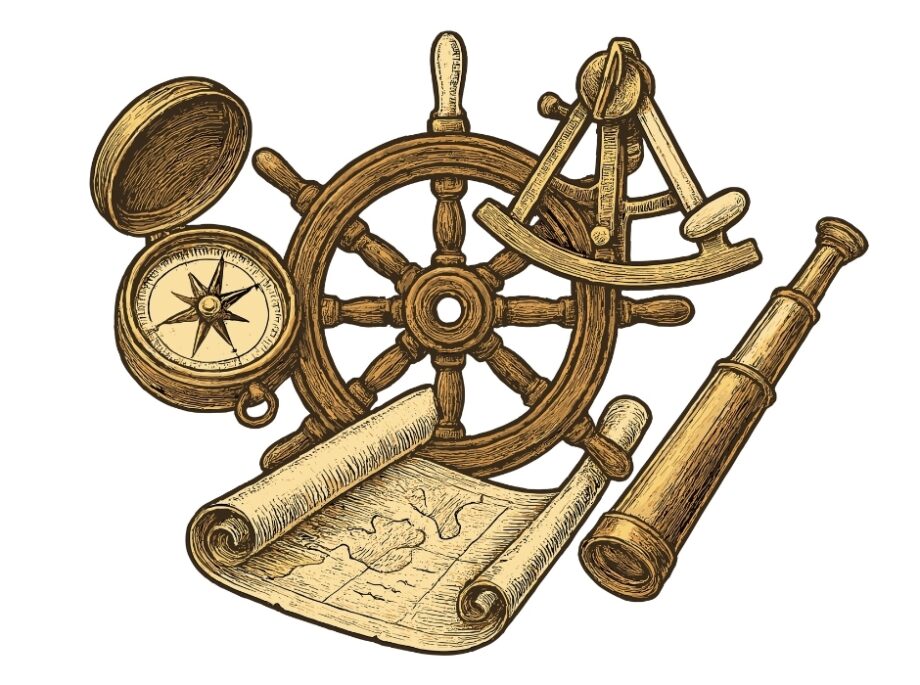 Vintage nautical navigation tools including ship wheel compass sextant telescope and old map
