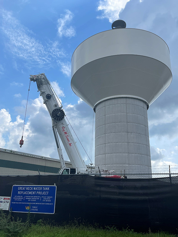 Bowl raising onto the pedestal of the new Great Neck Water Tank.