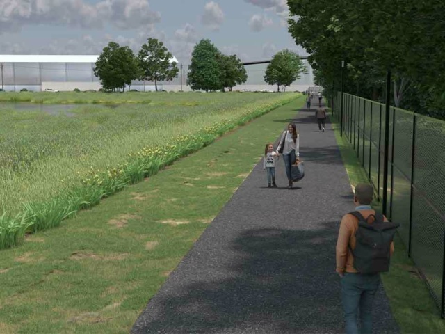 Ground level View of Proposed Stormwater Management Facility Fencing and People Walking on Shared Use Path