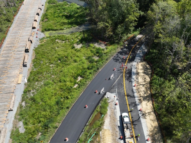Aerial view of traffic shift from old road to the new bypass road