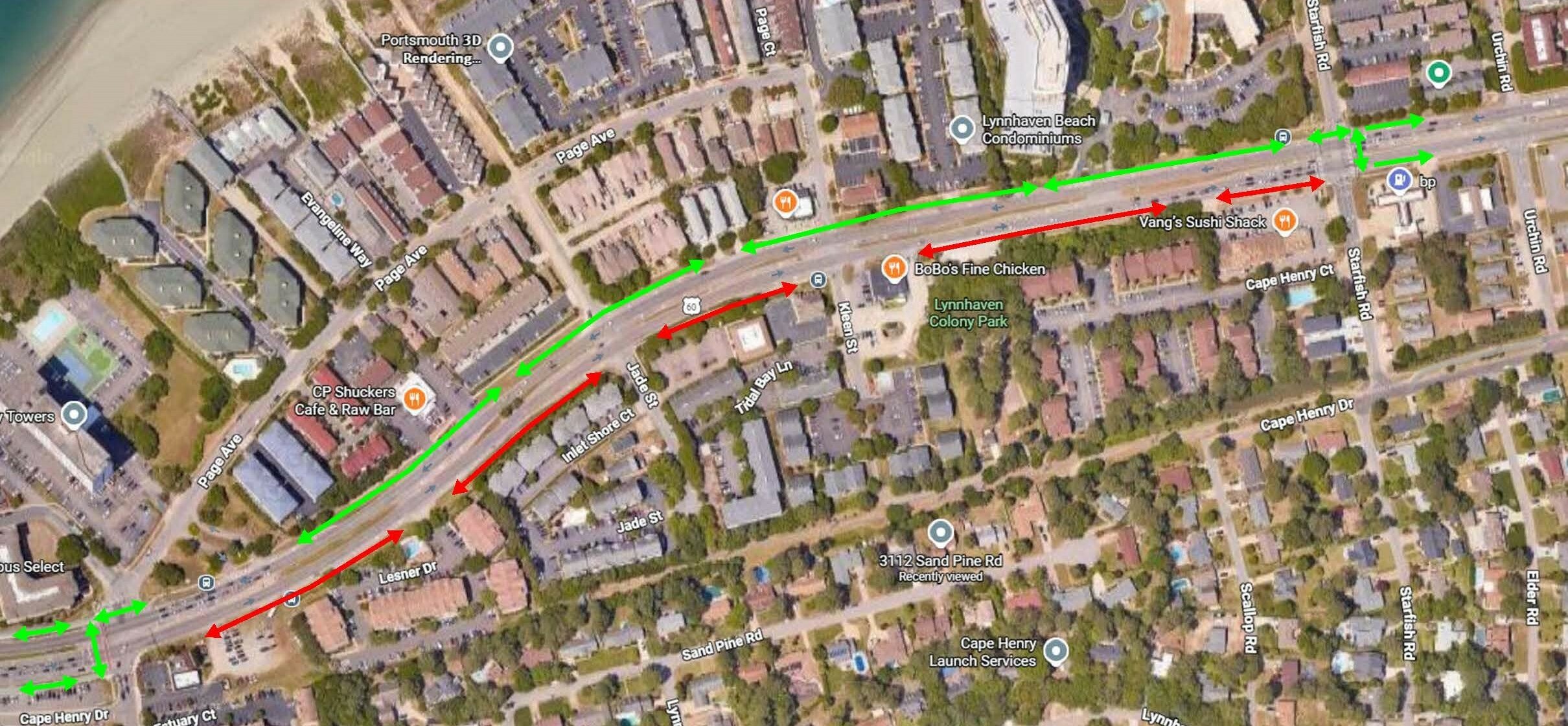 The pedestrian sidewalks on the eastbound lane of Shore Drive (inland lane or lane furthest from the ocean) between Vista Circle and Starfish Road are closed due for construction. Pedestrian traffic should utilize the sidewalk on the westbound lane of Shore Drive (closest to the ocean) by using the crosswalks located at the Starfish Road and Vista Circle intersections. Closed sidewalks are marked with red arrows, and the detour route and crosswalks with green arrows.